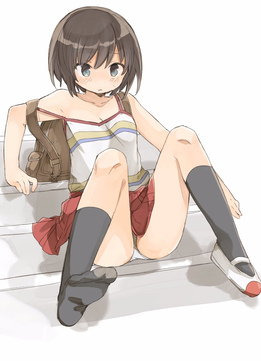 backpack bad_id bad_twitter_id bag black_socks blue_eyes blush breasts brown_hair camisole cleavage collarbone female full_body highres kneehighs murakami_meishi original panties pantyshot pleated_skirt red_skirt shoes single_shoe sitting skirt small_breasts socks solo stairs strap_slip sweatdrop underwear uwabaki white_background white_panties