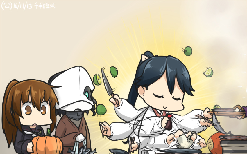 3girls abyssal_ship afterimage apron black_hair black_serafuku brown_eyes brown_hair chi-class_torpedo_cruiser chopsticks closed_eyes commentary_request cooking crescent crescent_pin dated fish food fruit fumizuki_(kancolle) grill grilling hamu_koutarou hand_fan highres houshou_(kancolle) kantai_collection kappougi knife lemon long_hair mask motherly multiple_girls necktie open_mouth paper_fan ponytail pumpkin saury school_uniform serafuku shichirin soy_sauce stove uchiwa