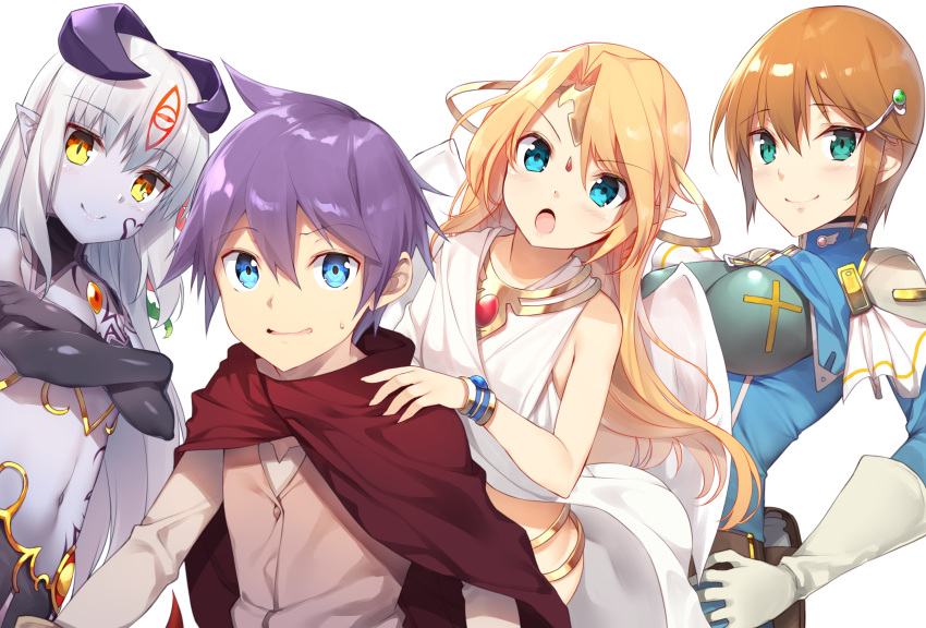 1boy 3girls :o absurdres alipheese_fateburn_xvi aqua_eyes blonde_hair blue_eyes bracelet breasts brown_hair cape colored_skin commentary_request crossed_arms eye_tattoo gloves hair_between_eyes hair_ornament hair_tattoo hairclip highres horns ilias jewelry long_hair looking_at_viewer luka_(mon-musu_quest!) medium_breasts mon-musu_quest! mon-musu_quest:_paradox monster_girl multiple_girls navel purple_hair purple_skin short_hair small_breasts smile sonya_(mon-musu_quest!) tattoo v-shaped_eyebrows white_hair white_wings wings yappen yellow_eyes