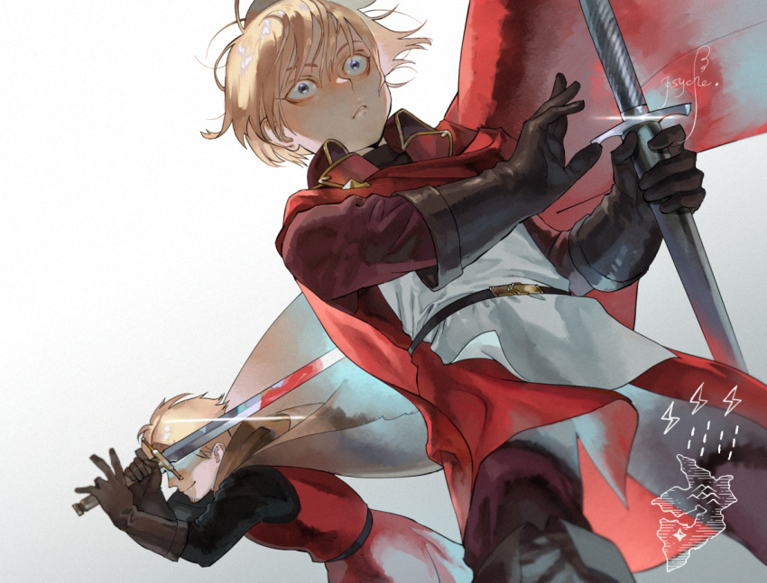 2boys artist_name black_gloves blonde_hair blood blood_on_weapon blue_eyes cape commentary_request dylan_the_island_king ethan_the_exiled_hero facial_hair fighting_stance frown glint gloves grey_cape holding holding_sword holding_weapon long_sleeves male_focus multiple_boys pixiv_fantasia pixiv_fantasia_last_saga psyche_(arcadia) red_cape standing stubble surprised sword weapon