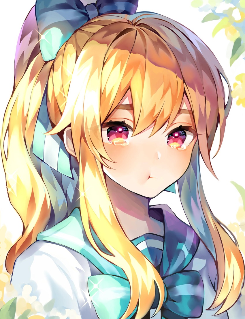 :t aqua_bow bad_id bad_twitter_id blonde_hair bow bowtie closed_mouth crying crying_with_eyes_open day female glint green_bow green_bowtie green_sailor_collar ha_youn hair_between_eyes hairbow highres long_hair looking_at_viewer original plant ponytail pout red_eyes sailor_collar school_uniform serafuku shirt sidelocks solo sunlight tears upper_body white_shirt