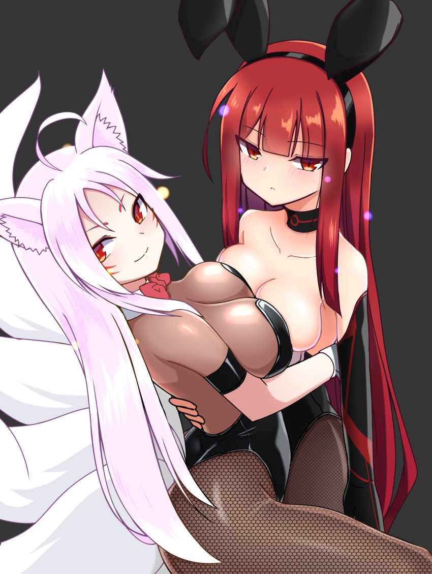 2girls ahoge animal_ears ara_haan ara_haan_(celestial_fox) ass asura_(elsword) bare_shoulders black_background black_choker black_gloves black_leotard blunt_bangs blush bodysuit bow bowtie breast_press breasts choker cleavage commentary_request crimson_avenger_(elsword) detached_collar elbow_gloves elesis_(elsword) elsword embers eun_(elsword) expressionless facial_mark fake_animal_ears fishnet_pantyhose fishnets fox_ears fox_girl fox_tail gloves highres hug large_breasts leotard long_hair looking_at_viewer looking_back multiple_girls nontraditional_playboy_bunny orange_eyes pantyhose playboy_bunny rabbit_ears red_bow red_eyes red_hair single_glove slit_pupils smile strapless strapless_leotard symmetrical_docking tail very_long_hair whisker_markings white_hair wrist_cuffs zetsuei_(zetto)