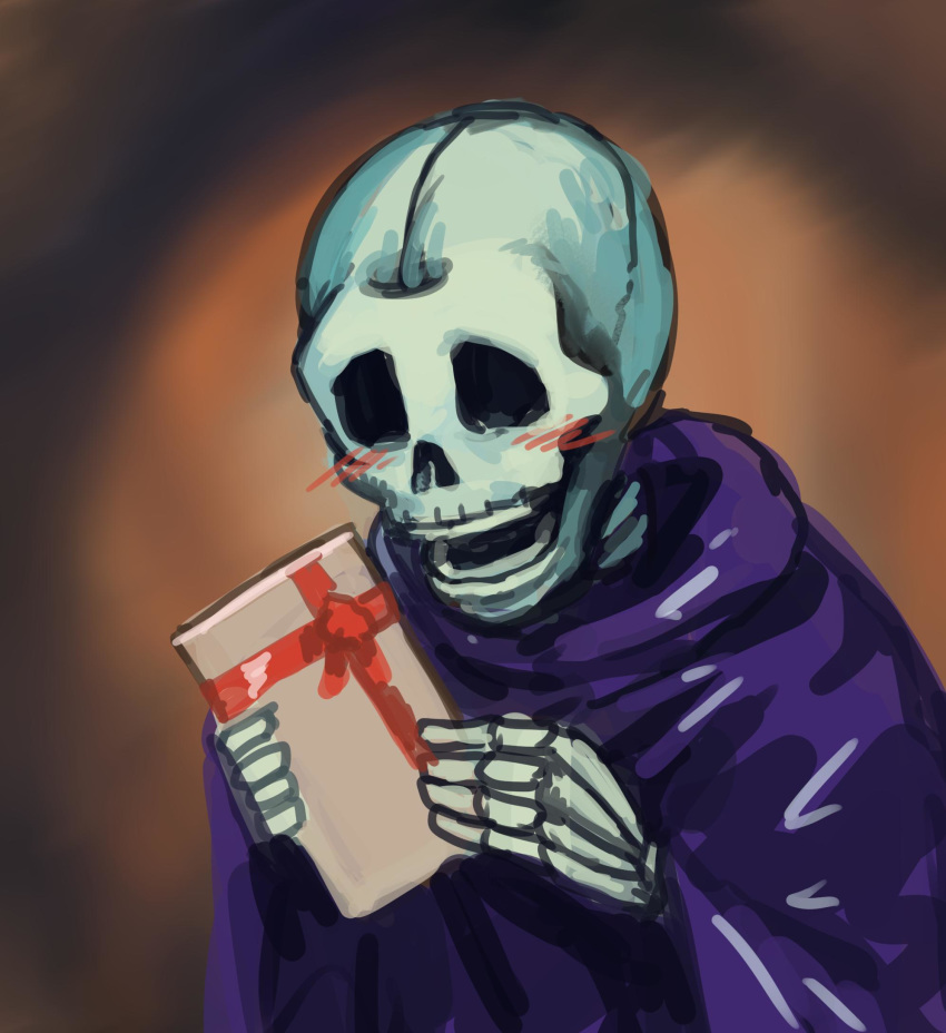 blush chanta_(ayatakaoisii) commentary duel_monster gift happy highres holding holding_gift no_humans pun purple_robe robe skeleton skull_servant solo white_day yu-gi-oh!