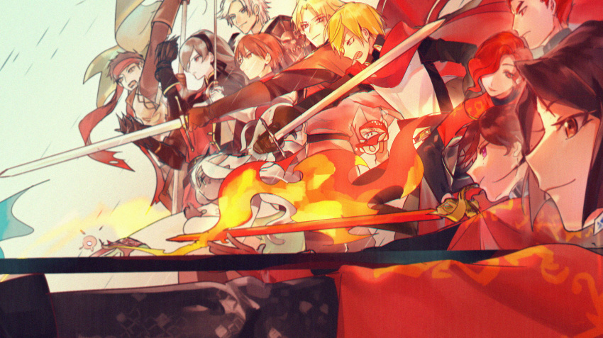 6+boys 6+girls adelinez arm_up armor black_gloves blonde_hair blue_eyes bow_(weapon) brown_eyes brown_hair cape character_request claw_(weapon) commentary_request dark_skin dylan_the_island_king ethan_the_exiled_hero facial_hair fighting_stance fire flag frown gloves gram_(pixiv_fantasia_last_saga) grida_(pixiv_fantasia_last_saga) headband highres holding holding_sword holding_weapon long_hair multiple_boys multiple_girls mushroom outdoors photoshop_(medium) pixiv_fantasia pixiv_fantasia_last_saga purple_eyes red_cape red_eyes red_headband rudia_of_the_moon_smile shield short_hair smirk stubble sword weapon white_hair