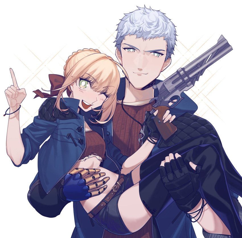 1boy black_gloves blonde_hair blue_rose_(gun) carrying commentary_request cosplay crossover devil_breaker devil_may_cry_(series) devil_may_cry_5 fate/extra fate_(series) female gloves green_eyes gun highres holding jacket jewelry mechanical_arms midriff name_connection necklace nero_(devil_may_cry) nero_(devil_may_cry)_(cosplay) nero_claudius_(fate) nero_claudius_(fate/extra) one_eye_closed pointing princess_carry shorts single_glove single_mechanical_arm smile thighhighs thighs ultra_asuka weapon white_hair