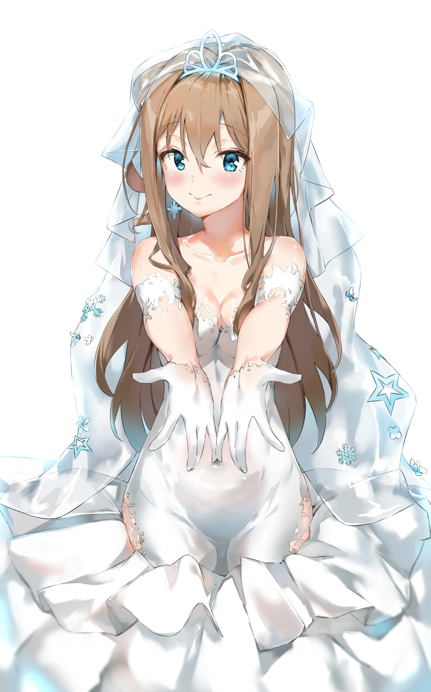 alternate_costume blue_eyes blush breasts bridal_veil cleavage closed_mouth collarbone commentary_request dress earrings female girls'_frontline gloves hair_between_eyes hair_ornament hairband hands_up highres jewelry light_brown_hair long_hair looking_at_viewer medium_breasts off-shoulder_dress off_shoulder official_alternate_costume photoshop_(medium) pixel_(yuxian) sidelocks snowflakes solo suomi_(blissful_mission)_(girls'_frontline) suomi_(girls'_frontline) tiara veil wedding_dress white_dress white_gloves