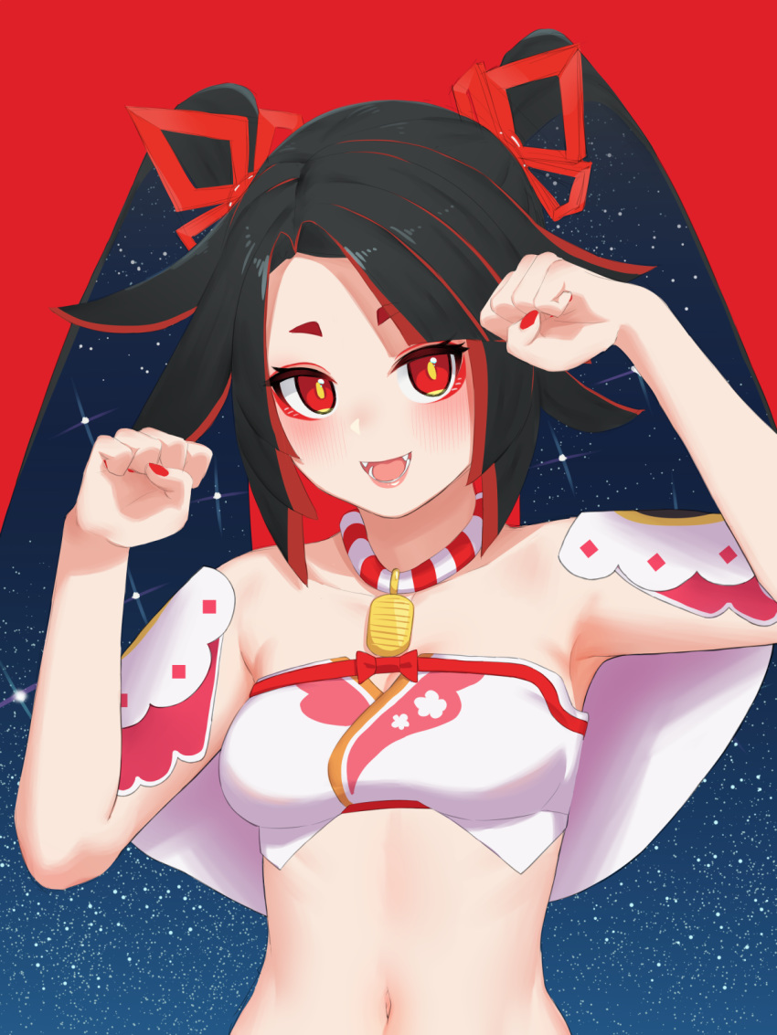 :d abstract bare_shoulders black_hair blush breasts bright_pupils clenched_hands commentary_request eyeshadow fangs female fingernails hands_up hanjo_tv highres jewelry kimino_miya long_hair looking_at_viewer makeup medium_breasts multicolored_hair nail_polish necklace nezuko open_mouth red_background red_eyes red_nails silhouette simple_background smile solo star_(symbol) starry_background starry_sky_print streaked_hair twintails upper_body very_long_hair virtual_youtuber yellow_pupils