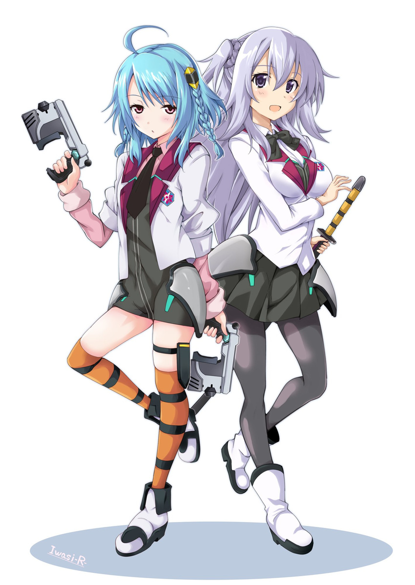 2girls ahoge artist_name black_bow black_bowtie black_necktie blue_hair blush boots bow bowtie braid commentary_request emblem full_body gakusen_toshi_asterisk gun hair_between_eyes handgun highres holding holding_gun holding_weapon iwashi_dorobou_-r- long_sleeves looking_at_viewer multiple_girls necktie one_side_up open_mouth pantyhose pink_eyes purple_eyes purple_hair sasamiya_saya side_braids skirt sleeves_rolled_up striped_clothes striped_thighhighs sword thighhighs toudou_kirin twin_braids weapon