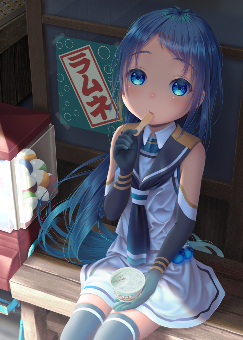 black_thighhighs blue_eyes blue_hair commentary_request cowboy_shot eating elbow_gloves female food g_pon_(gachapon) gloves gradient_hair hand_up hane_yoshiyumi highres ice_cream interior kantai_collection long_hair looking_at_viewer multicolored_hair neckerchief sailor_collar samidare_(kancolle) school_uniform serafuku shirt sitting sleeveless sleeveless_shirt solo swept_bangs thighhighs very_long_hair zettai_ryouiki