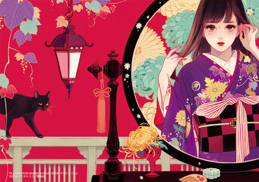 animal asa_no_ha_(pattern) black_cat blush brown_eyes brown_hair comb commentary_request feline female floral_background floral_print hand_in_own_hair hands_up japanese_clothes kimono lantern lipstick looking_at_viewer makeup matsuo_hiromi mirror mole mole_under_eye obi original parted_lips purple_kimono railing red_lips reflection sash solo standing watermark