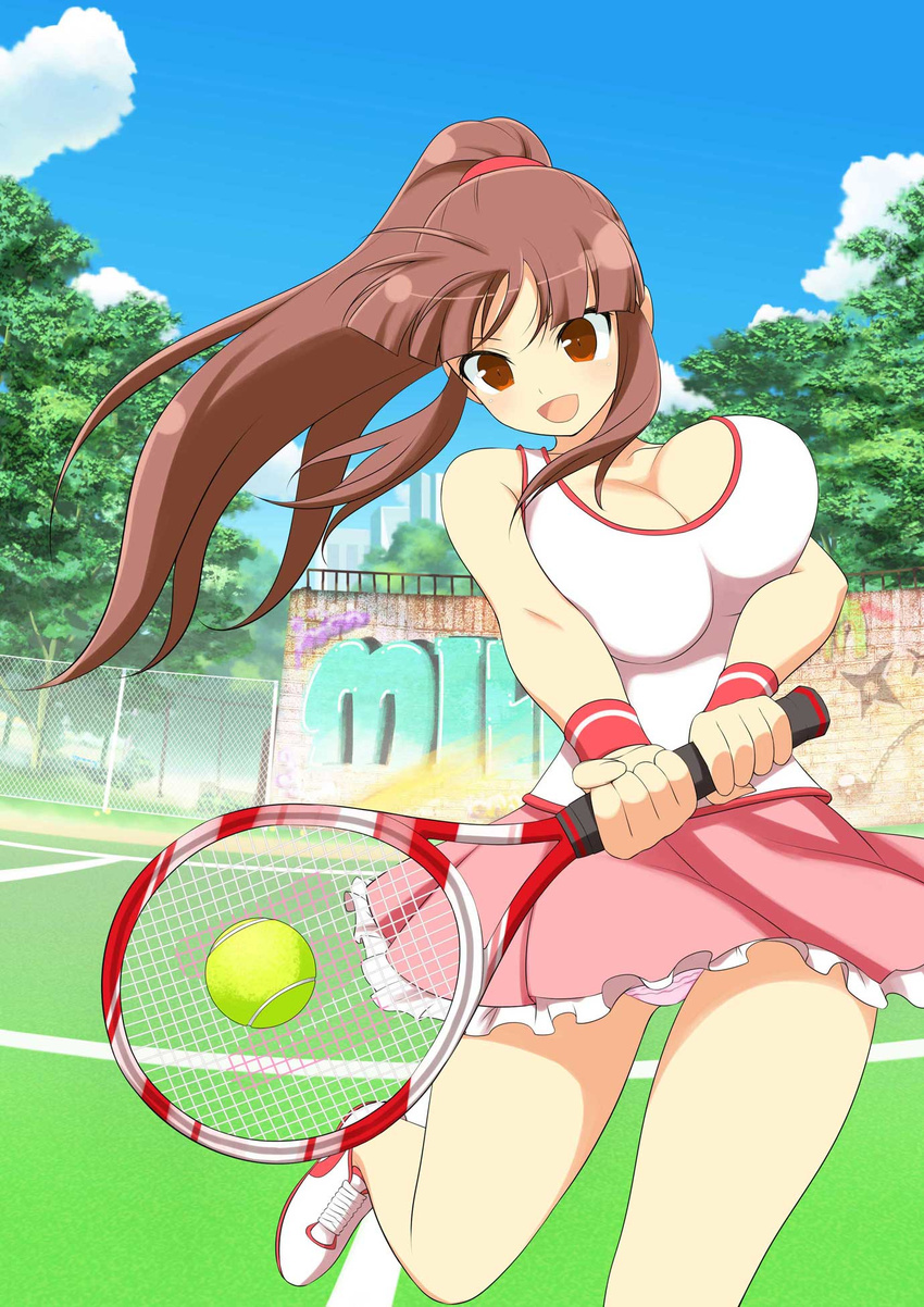 :d ball blunt_bangs breasts brown_hair cleavage day female floating_hair highres holding kagari_(senran_kagura) large_breasts long_hair official_art open_mouth outdoors panties pantyshot ponytail racket red_eyes senran_kagura senran_kagura_new_wave skirt smile solo sportswear swinging tennis_ball tennis_court tennis_racket tennis_uniform two-handed underwear v-shaped_eyebrows white_panties wristband yaegashi_nan