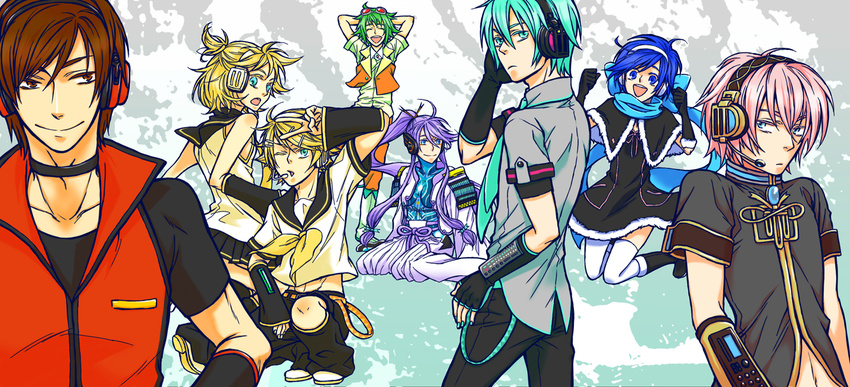 aqua_eyes aqua_hair blonde_hair blue_eyes blue_hair boots gakuko glowes hair_ribbon hatsune_mikuo headphones jewelry jump jumping kagamine_len kagamine_rin kaiko long_hair megurine_luki meito mikuo nail_polish necklace necktie pink_hair ponytail purple_hair ribbon rule_63 scarf short_hair siblings skirt smile teeth twins very_long_hair vocaloid wink