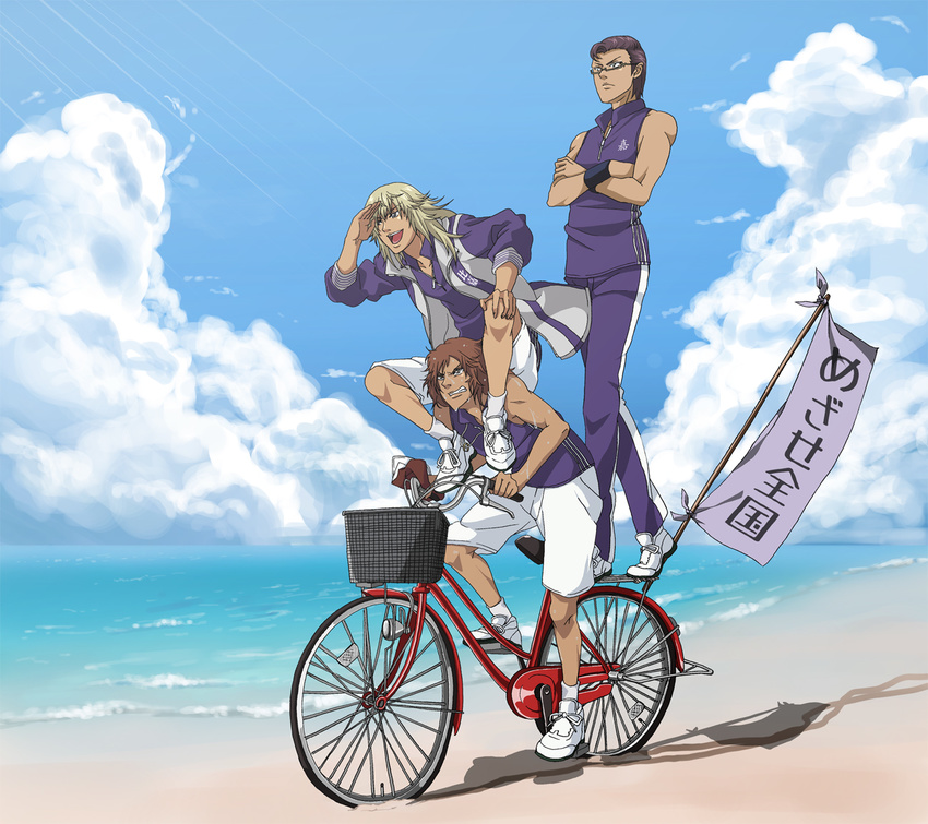 3boys beach bicycle blonde_hair brown_hair carrying cloud commentary_request day glasses hirakoba_rin kai_yuujirou kite_eishirou multiple_boys multiple_riders ocean outdoors photoshop_(medium) purple_hair riding shorts shoulder_carry sky sportswear standing sweat tan tennis_no_ouji-sama tennis_uniform translated z_aft138420