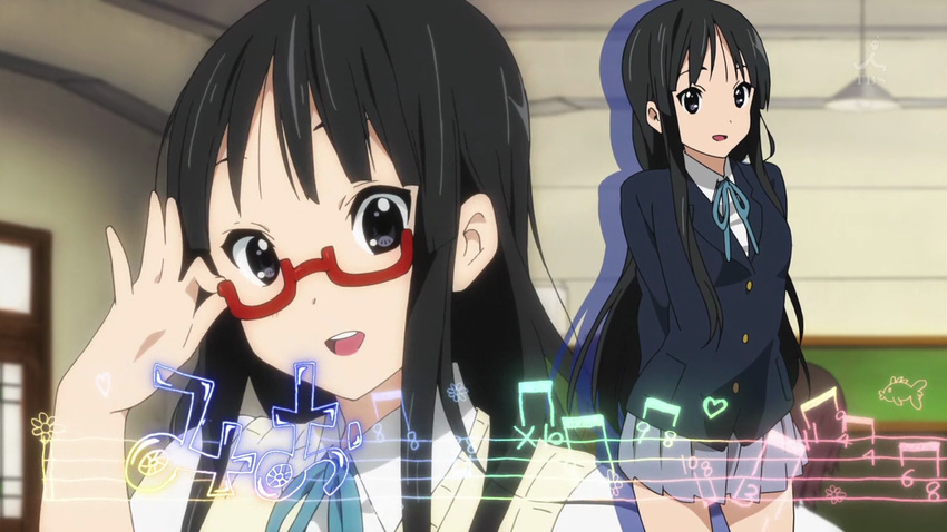 akiyama_mio glasses hiragana k-on! opening school_uniform screencap smile tagme wallpaper widescreen widescreen_wallpaper