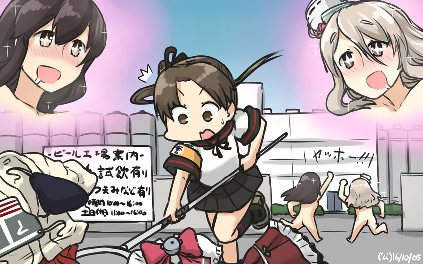 3girls akagi_(kancolle) ass ayanami_(kancolle) blush bow breasts brown_eyes brown_hair building commentary dated drooling hairbow hamu_koutarou highres kantai_collection light_brown_hair long_hair medium_breasts miniskirt multiple_girls nude open_mouth outdoors pleated_skirt pola_(kancolle) polearm ponytail running sasumata school_uniform skirt standing standing_on_one_leg sweeping symbol-shaped_pupils translated wavy_mouth weapon