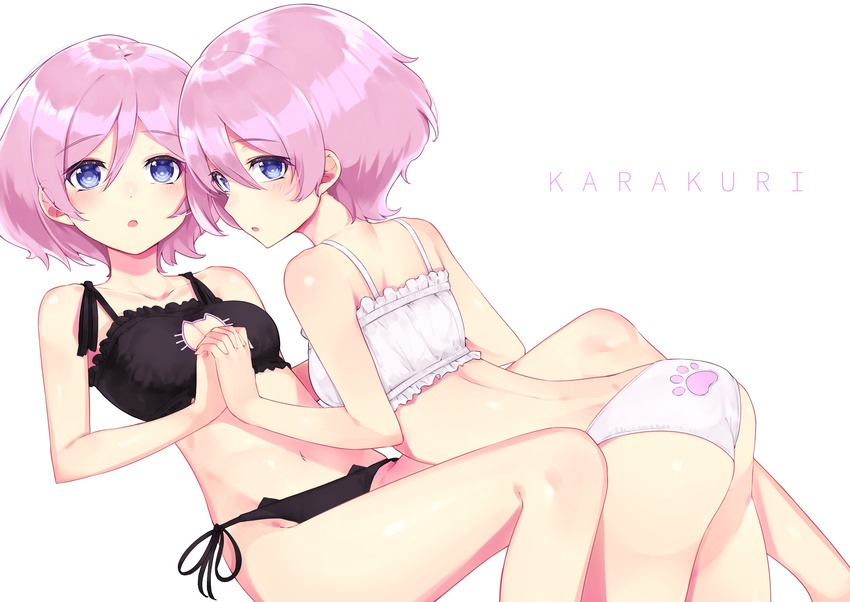 2girls absurdres ass back-print_panties black_bra black_panties blue_eyes bra breasts cat_cutout cat_ear_panties cat_lingerie cleavage cleavage_cutout clothing_cutout collarbone eyebrows from_side groin highres holding_hands interlocked_fingers karakuri_futaba karakuri_hitoha looking_at_viewer medium_breasts meme_attire multiple_girls navel nezumidoshi panties pink_hair print_panties short_hair siblings side-tie_panties simple_background tokyo_7th_sisters twins underwear underwear_only white_background white_bra white_panties