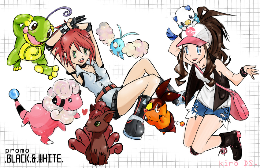 black_and_white flaaffy highres lin_(pokemon) mijumaru monochrome oshawott pokabu pokemon pokemon_(game) pokemon_bw politoed swablu tepig touko_(pokemon) touko_(pokemon) vulpix