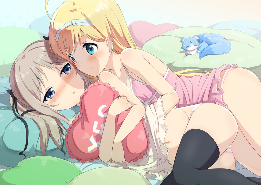 2girls ahoge animal ass bed black_legwear blonde_hair blue_eyes blush brown_hair commentary_request couple dress gotyou green_eyes grey_hair groping hair_ornament hair_ribbon hairband half-closed_eyes hand_on_another's_chest hand_under_clothes hina_logi_-_from_luck_&_logic holding hug hug_from_behind hugging_object lingerie liones_yelistratova long_hair looking_at_another luck_&_logic lying multiple_girls navel nina_alexandrovna on_side panties parted_lips pillow pillow_hug pink_dress pink_panties ribbon smile spooning thighhighs twintails underwear white_dress white_panties yes yes-no_pillow yuri