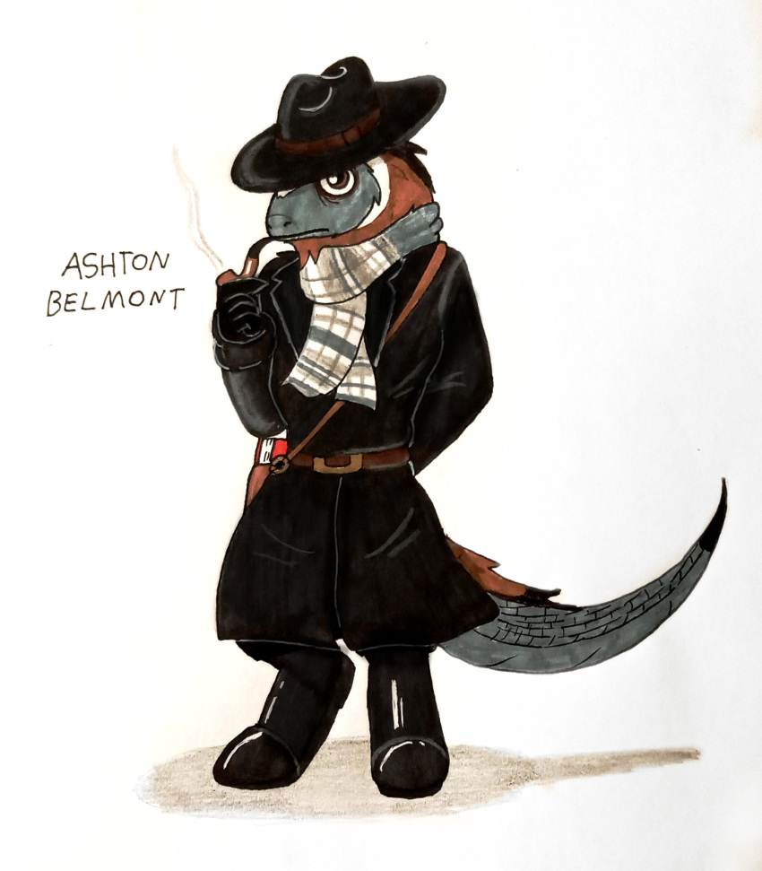 absurd_res anthro ashton_belmont_(glury_the_unown) black_body black_feathers boots brown_body brown_eyes brown_feathers clothing coat detective dinosaur extinct facial_hair feathered_dinosaur feathered_scalie feathers footwear glury_the_unown goatee hat headgear headwear hi_res journal kulindadromeus looking_at_viewer male multicolored_body multicolored_feathers pipe prehistoric_species reptile scales scalie scarf smoke smoking_pipe smoking_tobacco solo topwear white_body white_feathers