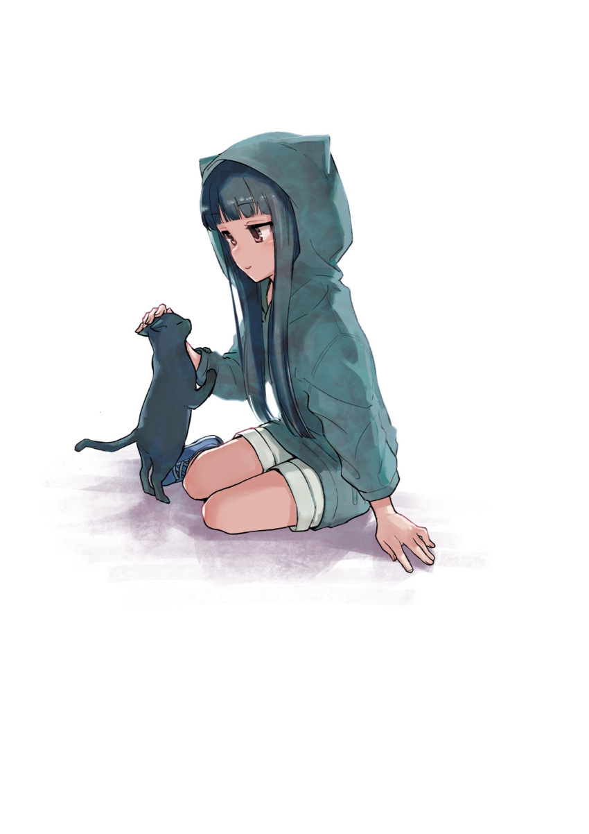 animal_costume animal_hood arm_support black_cat blue_hair blunt_bangs blush cat_hood commentary_request feline female full_body headpat highres hood hoodie idolmaster idolmaster_cinderella_girls kyouno long_hair pero_(idolmaster_cinderella_girls) pink_eyes sajo_yukimi seiza shoes shorts simple_background sitting smile sneakers solo white_background yokozuwari