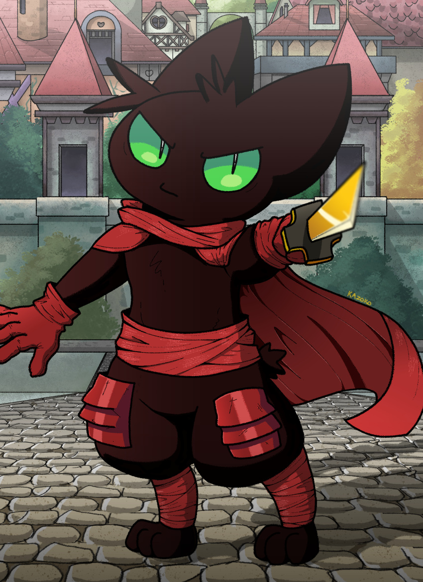 absurd_res anthro black_body black_fur building cape cartoon_network clothing conditional_dnp detailed_background domestic_cat felid feline felis fur gloves green_eyes handwear hi_res house kazoko_(artist) knee_pads looking_at_viewer male mammal mao_mao:_heroes_of_pure_heart outside sheriff_mao_mao_mao solo wraps