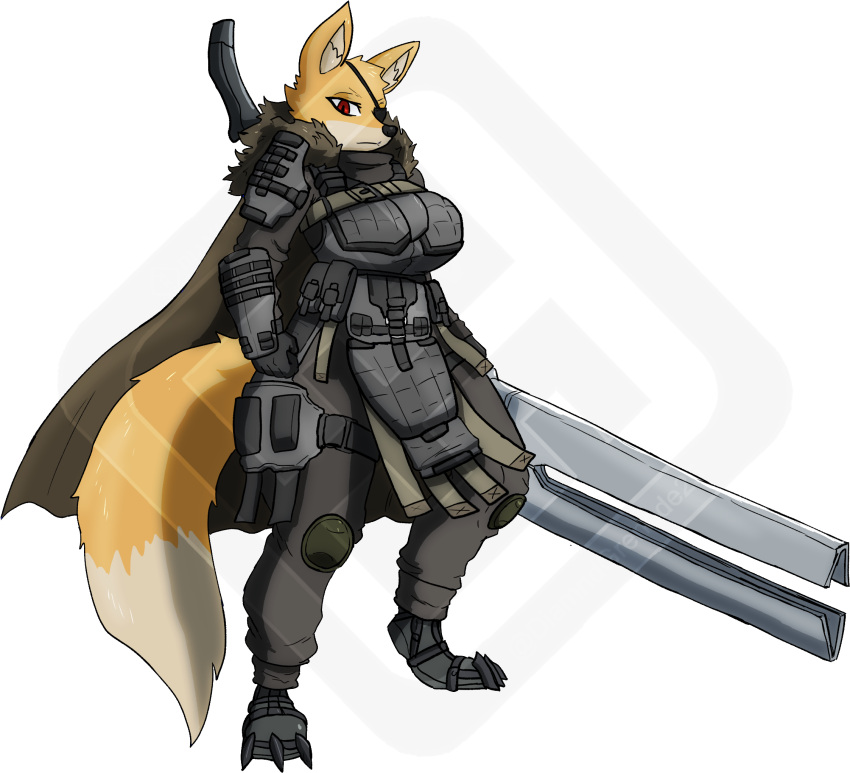 alpha_channel anthro armor big_breasts breasts canid canine cape clothing diamond_grenadier eye_patch eyewear female fluffy fluffy_tail fox fox_tail fur fur_collar gun hi_res huge_weapon knee_pads machete mammal melee_weapon nicole_flynn_(bigppfox1) pouch_(clothing) pouches ranged_weapon red_eyes sheathed_weapon shoulder_pads solo tail weapon yellow_body yellow_fur