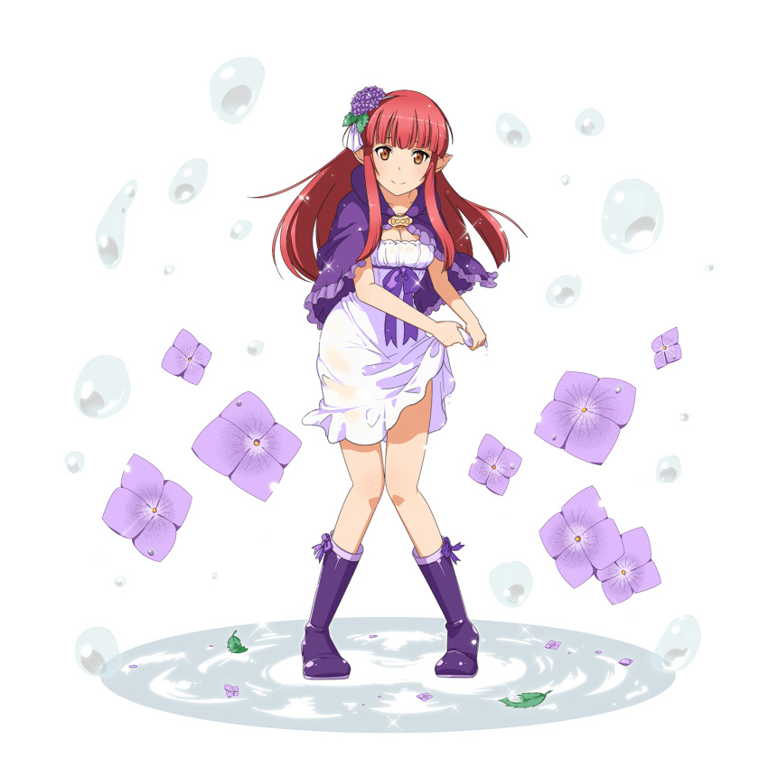 alpha_transparency blunt_bangs boots breasts brown_eyes capelet cleavage closed_mouth dress elf faux_figurine female floating_hair flower full_body hair_flower hair_ornament highres hydrangea leaning_forward long_hair looking_at_viewer medium_breasts official_art pointy_ears purple_capelet purple_flower purple_footwear purple_ribbon rain_(sao) red_hair ribbon short_dress smile solo standing sword_art_online sword_art_online:_memory_defrag transparent_background very_long_hair wet wet_clothes wet_dress white_dress