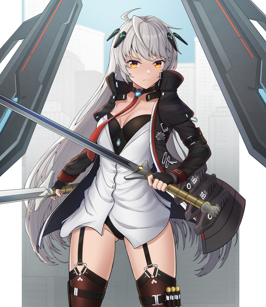 >:( absurdres ahoge ammunition armor ass_visible_through_thighs black_jacket black_leotard breasts brown_thighhighs building cesvelox choker city collarbone collared_jacket commentary counter:side dual_wielding female fingerless_gloves floating floating_armor garter_straps gloves glowing grey_hair groin hair_ornament highres hilde_(counter:side) holding holding_sword holding_weapon jacket leotard long_hair long_sleeves looking_at_viewer necktie no_pants open_clothes open_jacket orange_eyes outside_border pillarboxed red_necktie serious shirt skyscraper sleeve_cuffs small_breasts solo sword thigh_strap thighhighs triangle_ring v-shaped_eyebrows weapon white_shirt