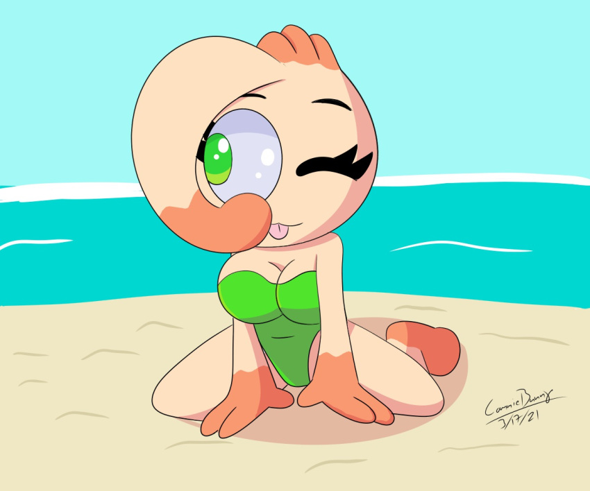 6:5 anthro bao beach clothing commiebunny94 female food food_creature food_humanoid humanoid not_furry one-piece_swimsuit seaside solo steamed_bun swimwear