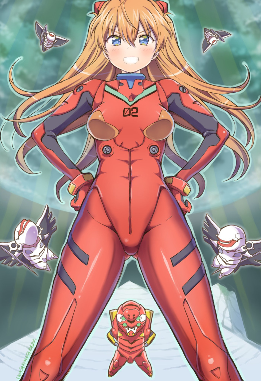 bad_id bad_twitter_id blue_eyes blush breasts breasts_apart chibi eva_02 female flying grin hands_on_own_hips highres inactive_account iwasaki_masakazu looking_at_viewer mass_production_eva mecha medium_breasts neon_genesis_evangelion orange_hair pilot_suit plugsuit robot science_fiction skin_tight smile smirk souryuu_asuka_langley standing the_end_of_evangelion v-shaped_eyebrows view_between_legs