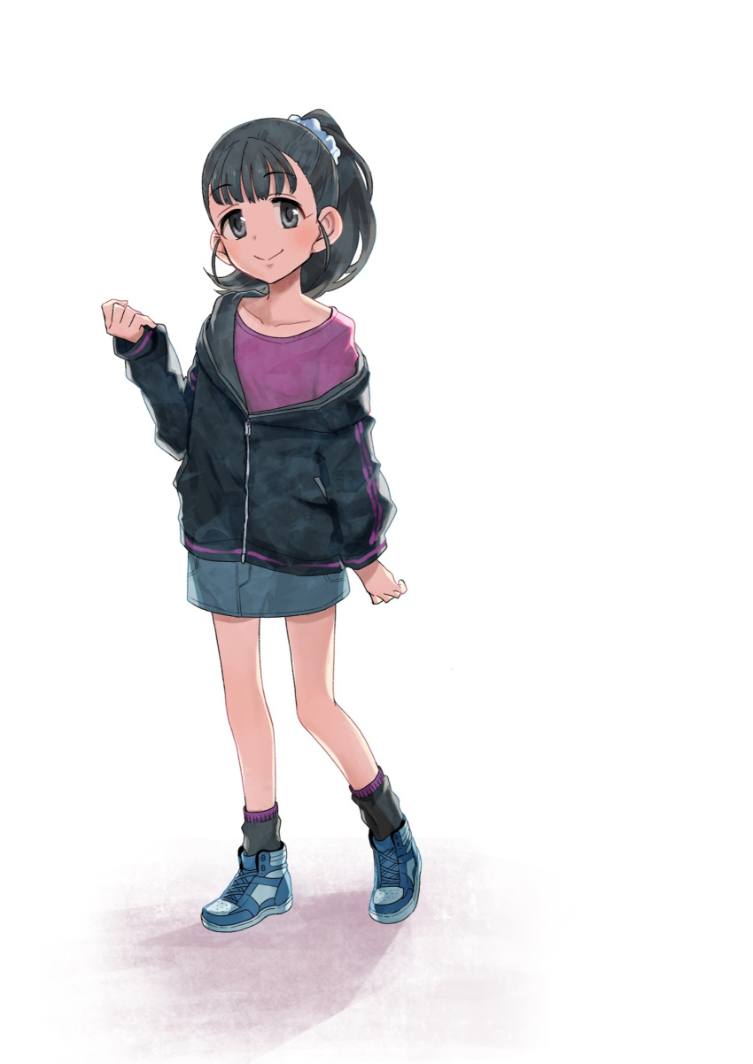 black_hair blush collarbone commentary_request female fukuyama_mai full_body hair_ornament hair_scrunchie highres idolmaster idolmaster_cinderella_girls jacket kyouno long_hair looking_at_viewer loose_socks off_shoulder scrunchie shirt shoes simple_background skirt smile sneakers socks solo t-shirt white_background