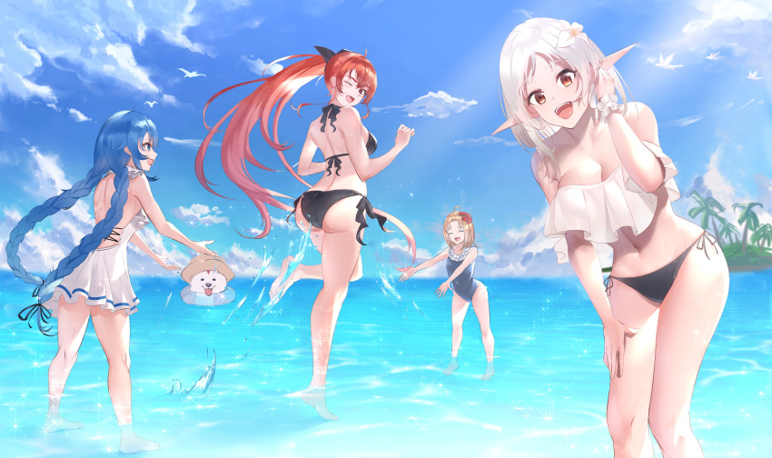 4girls :d ;d ^_^ absurdres aged_up ahoge animal artistic_error ass back backless_swimsuit bare_shoulders bikini black_bikini black_ribbon blonde_hair blue_eyes blue_hair blue_one-piece_swimsuit blue_sky blush braid breasts canine cleavage closed_eyes cloud collarbone commentary cowboy_shot crossed_bangs day elf eris_greyrat flower forehead full_body groin hair_between_eyes hair_flower hair_ornament hair_ribbon highres horizon innertube island leo_(mushoku_tensei) light_rays long_hair looking_at_another looking_at_viewer lucy_greyrat midriff mother_and_daughter multiple_girls mushoku_tensei navel ocean off-shoulder_shirt off_shoulder one-piece_swimsuit one_eye_closed open_mouth outdoors oversized_animal parted_bangs pointy_ears ponytail rausu_(undeadmachine) red_eyes red_hair ribbon roxy_migurdia scrunchie shadow shirt short_eyebrows short_hair side-tie_bikini_bottom sidelocks sky small_breasts smile splashing spoilers standing standing_on_one_leg sunbeam sunlight swim_ring swimsuit sylphiette_(mushoku_tensei) thick_eyebrows twin_braids very_long_hair wading wet white_hair white_one-piece_swimsuit white_shirt wrist_scrunchie