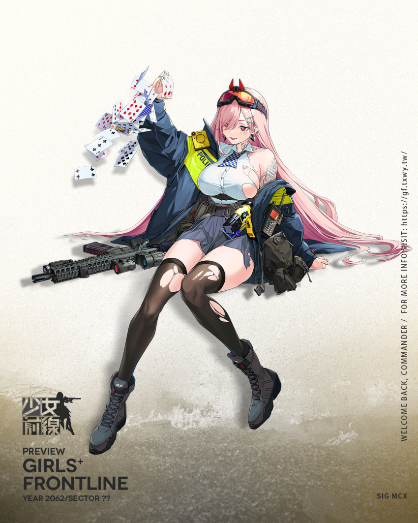 arm_tattoo assault_rifle bad_link bag belt black_footwear black_thighhighs blue_jacket blue_skirt blush boots breasts card character_name copyright_name earrings eyewear_on_head female floor girls'_frontline gun hand_on_floor heart heart_earrings highres holding holding_card jacket jewelry large_breasts long_hair looking_away metropolitan_police_service mole mole_on_breast mole_under_eye neck_tattoo official_art on_floor open_clothes open_jacket open_mouth pink_hair police police_uniform promotional_art red_eyes rifle shirt sig_mcx sig_mcx_(girls'_frontline) sig_sauer simple_background sitting skirt solo tattoo thighhighs torn_clothes torn_shirt torn_skirt torn_thighhighs uniform walkie-talkie weapon white_shirt yitiao_er-hua