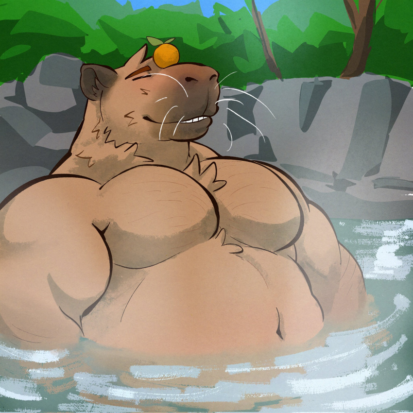 1boy bara big_belly blush capy_(r00ffles) capybara_boy chest_hair chest_tuft commission furry furry_male happy highres large_pectorals male_focus mature_male muscular muscular_male no_nipples nosoyunoso onsen original partially_submerged pectorals pun second-party_source short_hair smile solo steam upper_body water whiskers