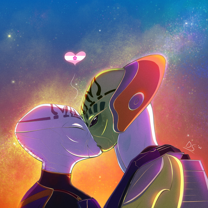 1:1 alien ambiguous_gender artemis_(no_man's_sky) black_eyes closed_eyes clothing dafspiart duo green_body green_skin heart_symbol hi_res humanoid kiss_on_lips kissing no_man's_sky not_furry romantic space traveller_(no_man's_sky)