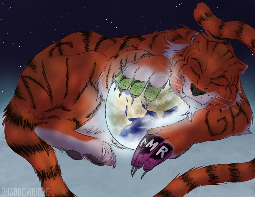 absurd_res ambiguous_gender ben_garrison_(copyright) claws conditional_dnp earth felid feral foot_on_planet fur globe hi_res holding_planet macro mammal orange_body orange_fur pantherine pawpads planet solo stripes syringe terra_macro tiger wolftacos