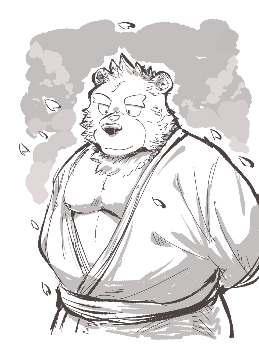 2021 3:4 anthro bear cherry_blossom clothed clothing flower hi_res kemono male mammal moobs nekodon_san nipples overweight overweight_anthro overweight_male plant prunus_(flower) solo