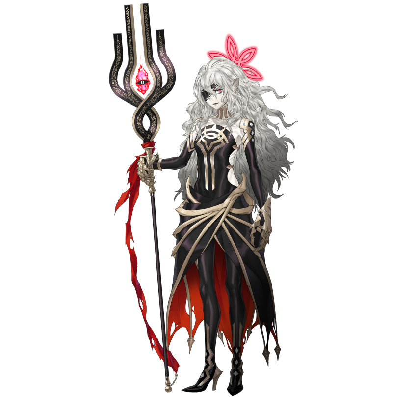 animal_ears black_dress claws closed_mouth commentary_request dress embla_(fire_emblem) eyepatch female fire_emblem fire_emblem_heroes full_body glowing glowing_eye gold_trim grey_hair high_heels highres holding kozaki_yuusuke lips long_hair long_sleeves looking_at_viewer official_art pale_skin pointy_ears red_eyes shiny_clothes skinny skirt solo staff standing torn_wings turtleneck wings