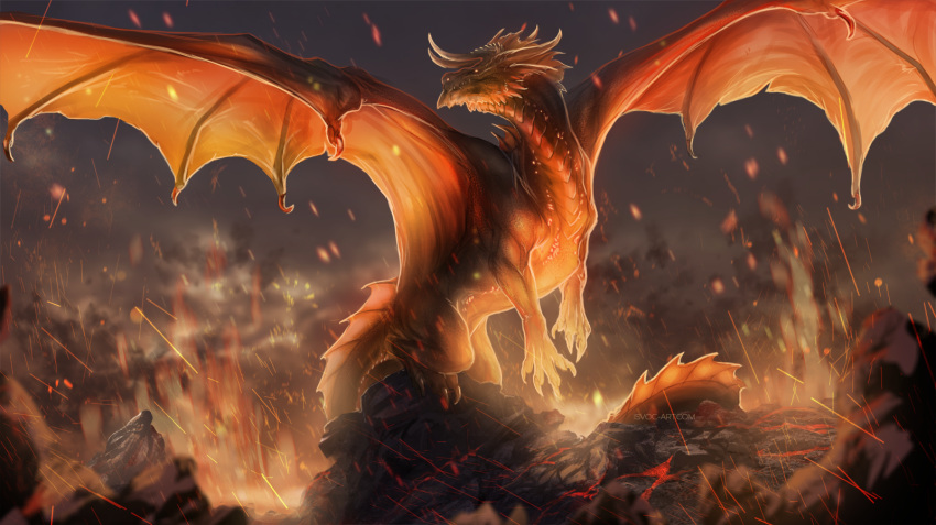 2019 claws day detailed_background digital_media_(artwork) dragon european_mythology feral hi_res horn implied_fire isvoc male membrane_(anatomy) membranous_wings mythological_creature mythological_scalie mythology outside scales scalie solo spines spread_wings tail western_dragon wings