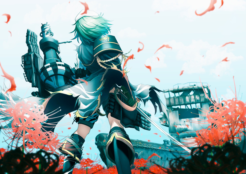 absurdres armor black_gloves boots cape female flower from_behind gloves green_hair hat highres holding holding_sword holding_weapon kantai_collection kiso_(kancolle) kiso_kai_ni_(kancolle) knee_boots outdoors petals red_flower rigging sky solo spider_lily standing sword torn_cape torn_clothes watercraft weapon white_hat yaegashi_(muzzuleflash)