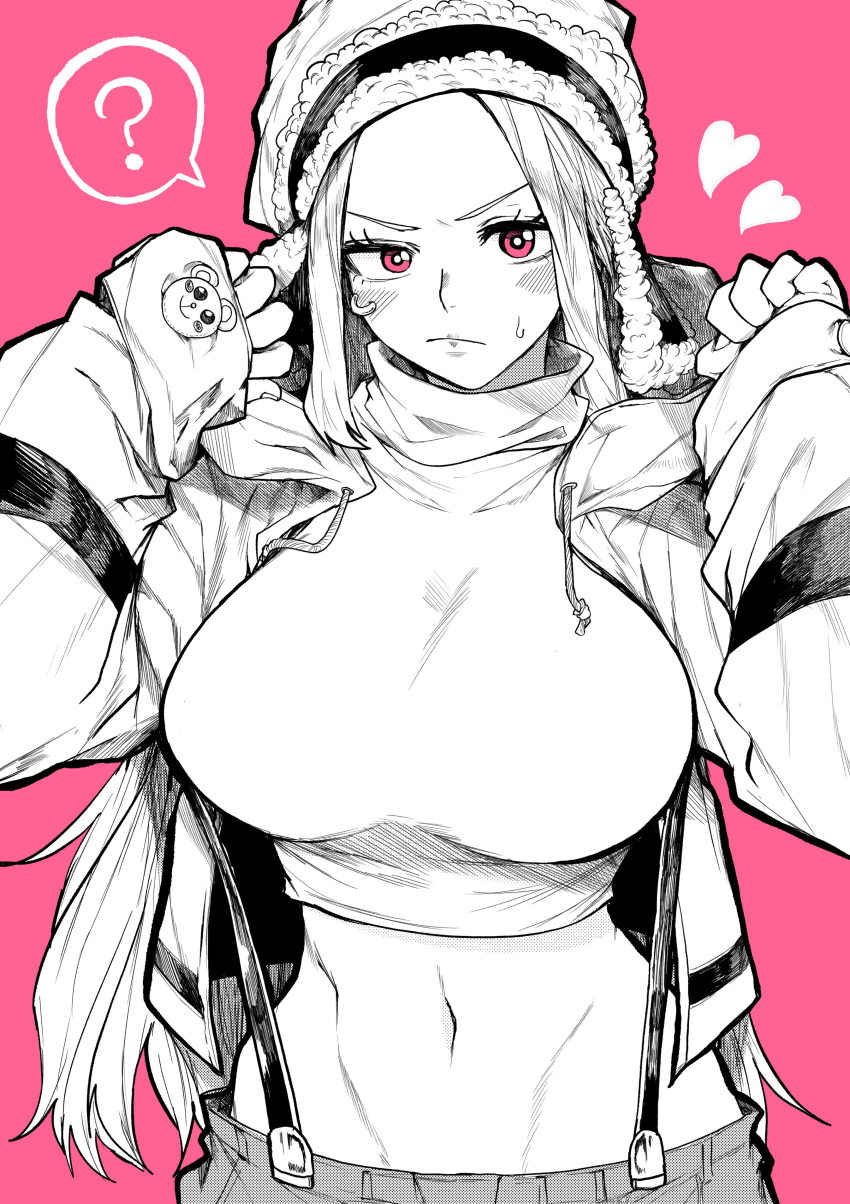 ? absurdres blush breasts crop_top eyelid_piercing female greyscale_with_colored_background hat heart highres jewelry_bonney large_breasts lipstick long_hair makeup midriff monochrome navel one_piece piercing pink_background pink_eyes solo stomach sweater yotsumi_shiro