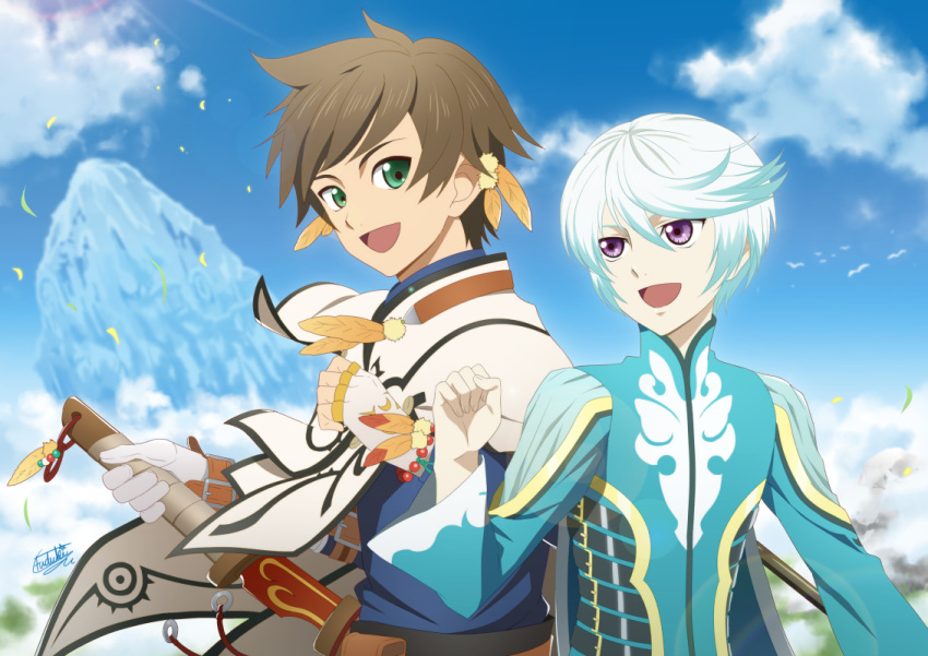 2boys :d asymmetrical_gloves bad_id bad_pixiv_id blue_shirt blue_sky brown_hair cape cloud day earrings fingerless_gloves fuzuki_yuu gloves green_eyes hair_between_eyes holding holding_sword holding_weapon jewelry male_focus mikleo_(tales) multiple_boys open_mouth orange_feathers outdoors purple_eyes shirt signature sky smile sorey_(tales) standing sword tales_of_(series) tales_of_zestiria uneven_gloves upper_body weapon white_cape white_gloves white_hair