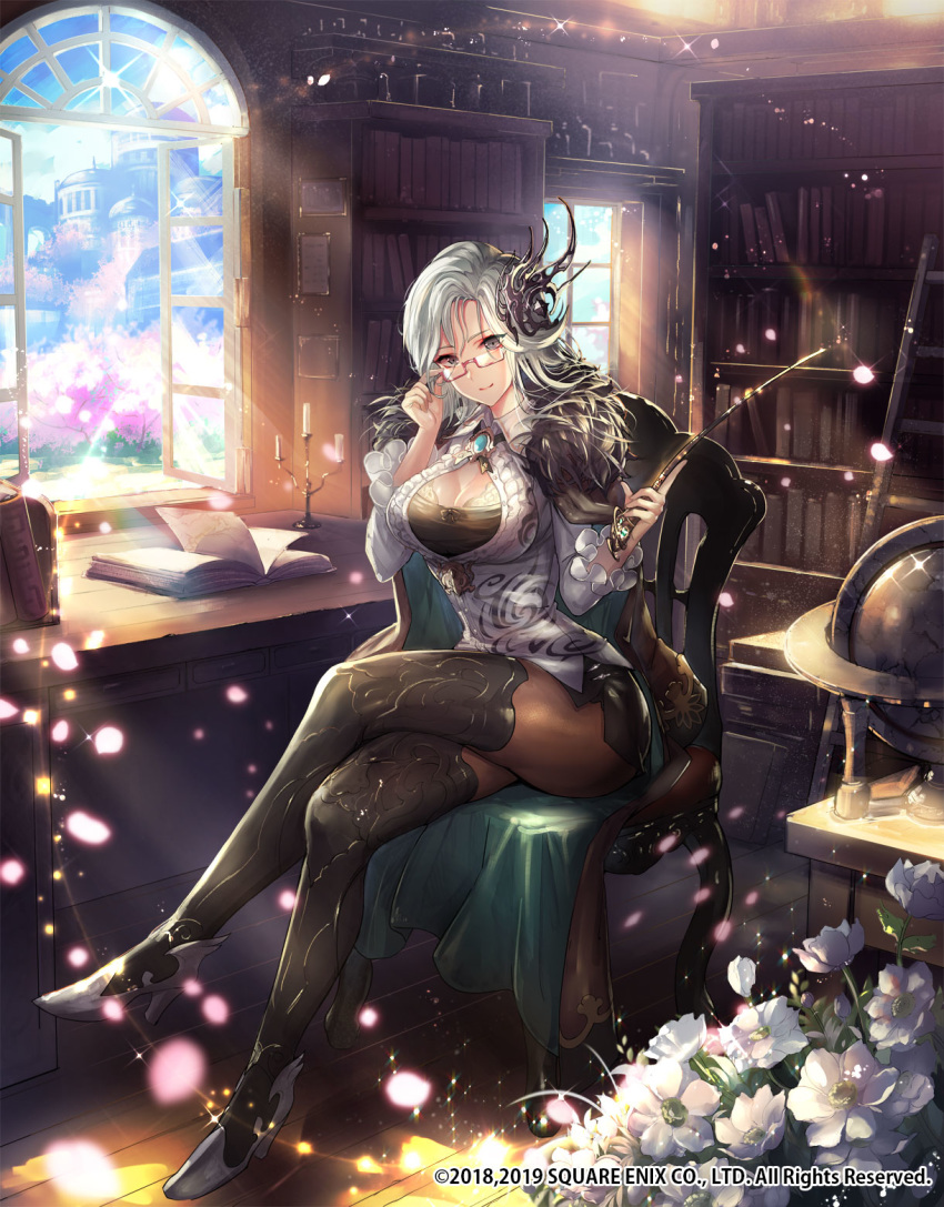 adjusting_eyewear black_legwear book bookshelf breasts brooch building candle candlestand chair cleavage commentary_request company_name crossed_legs dated day desk female flower glasses globe grey_eyes grey_hair hair_ornament highres indoors jar jewelry ladder large_breasts long_hair looking_at_viewer matsumoto_mitsuaki official_art open_book open_window pantyhose pointer romancing_saga_re;universe saga sitting smile solo table thighhighs thighhighs_over_pantyhose thighs tree white_flower window wooden_floor