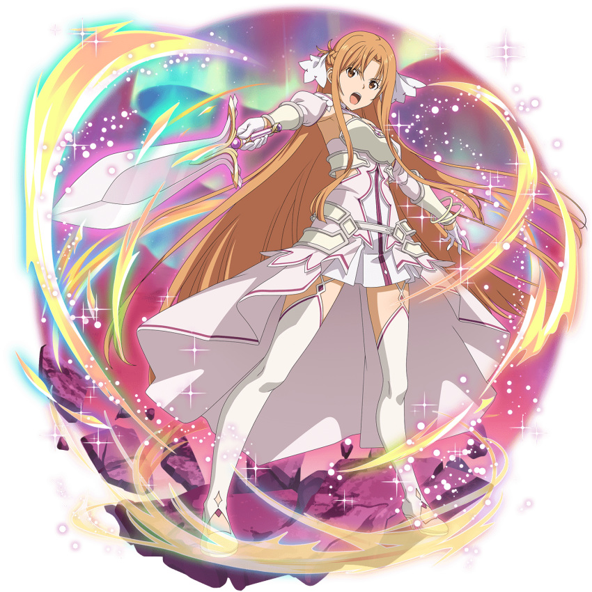 armor asuna_(sao) asuna_(stacia) breastplate brown_eyes brown_hair cape detached_sleeves dress energy faulds female floating_hair full_body garter_straps gloves glowing hair_between_eyes highres holding holding_sword holding_weapon light_particles long_hair long_sleeves magic official_art open_mouth pleated_dress radiant_light rapier short_dress sleeveless sleeveless_dress solo sparkle sword sword_art_online sword_art_online:_alicization sword_art_online:_alicization_-_war_of_underworld sword_art_online:_memory_defrag thighhighs thighs transparent_background unsheathed very_long_hair waist_cape weapon white_armor white_cape white_dress white_gloves white_sleeves white_thighhighs