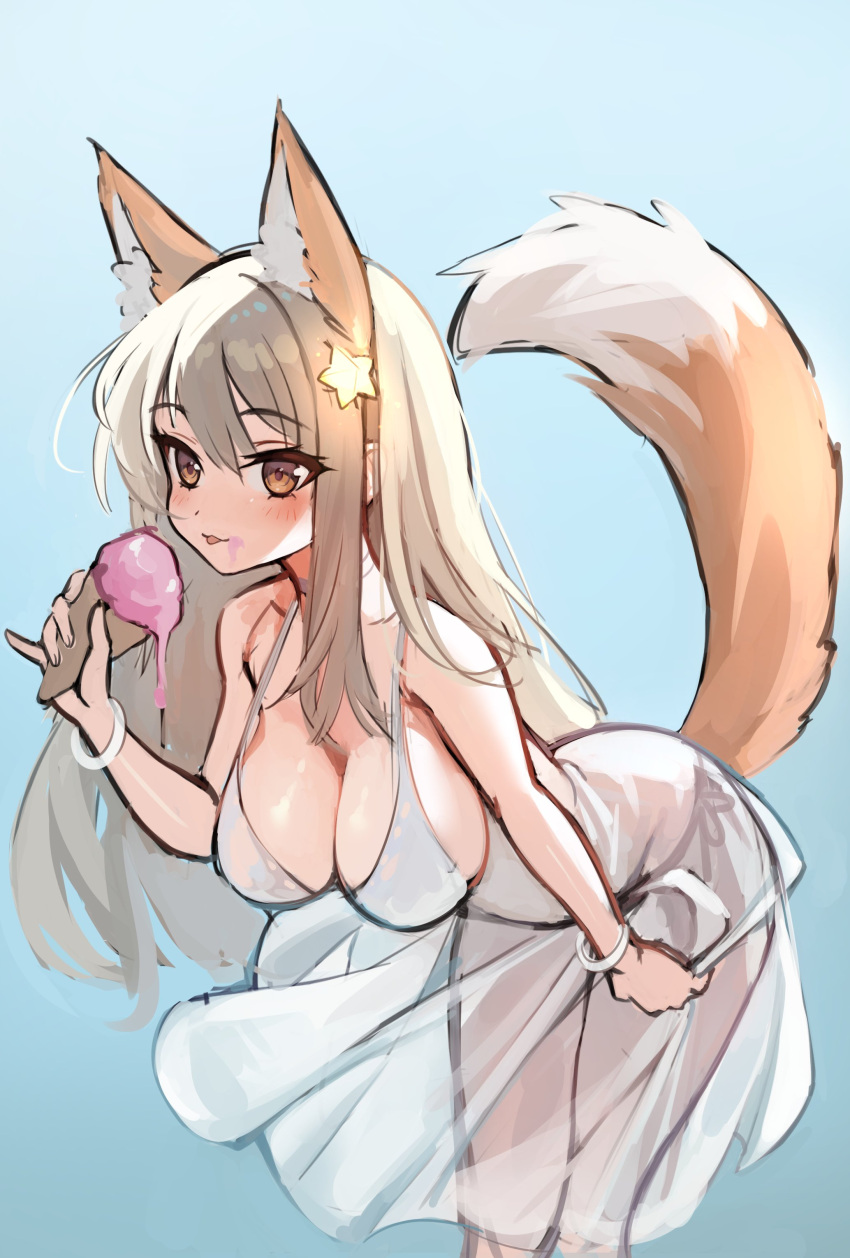 absurdres animal_ear_fluff animal_ears annytf beyumi black_panties blush breasts brown_eyes brown_hair cleavage dress eating female food fox_ears fox_girl fox_tail highres ice_cream indie_virtual_youtuber long_hair panties see-through side-tie_panties smile solo sundress tail tongue tongue_out underwear virtual_youtuber white_dress