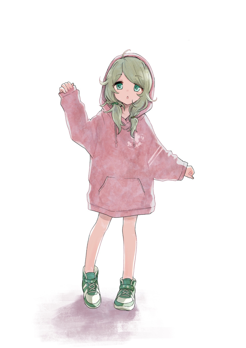 :o ahoge blonde_hair blush commentary_request drawstring female full_body green_eyes highres hood hoodie idolmaster idolmaster_cinderella_girls kyouno long_hair long_hoodie long_sleeves looking_at_viewer low_twintails parted_lips pink_hoodie shoes simple_background sleeves_past_wrists sneakers solo twintails white_background yusa_kozue