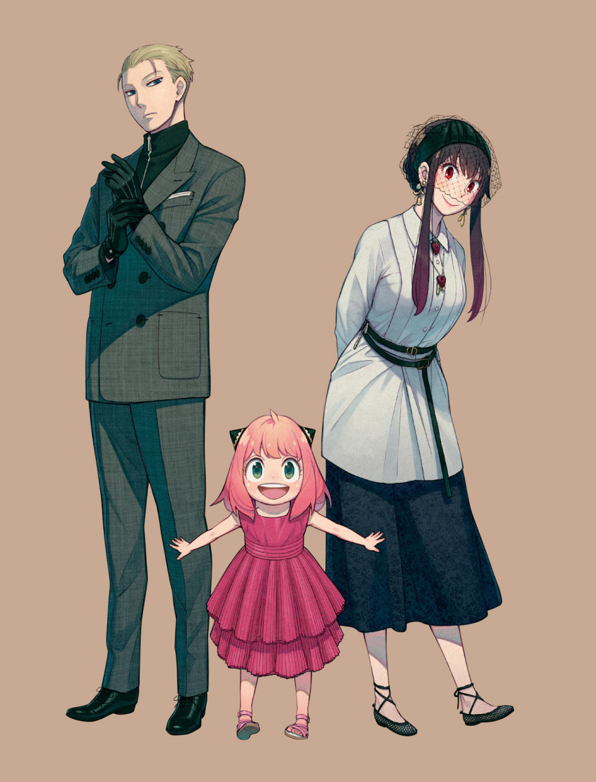 1boy 2girls alternate_costume anya_(spy_x_family) dior dress endou_tatsuya family father_and_daughter flats formal gloves highres husband_and_wife lolicon long_skirt mother_and_daughter multiple_girls official_art photoshop_(medium) pink_dress product_placement simple_background skirt spy_x_family suit twilight_(spy_x_family) yor_briar