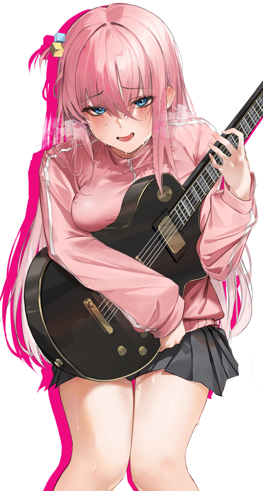 absurdres black_skirt blue_eyes blush bocchi_the_rock! breast_press breasts commentary cube_hair_ornament electric_guitar female gibson_les_paul gotoh_hitori guitar hair_ornament highres holding holding_instrument instrument jacket long_hair long_sleeves looking_at_viewer medium_breasts mookie_(e_mook9) open_mouth pink_hair pink_jacket simple_background skirt smile solo standing sweat thighs track_jacket wavy_mouth white_background zipper