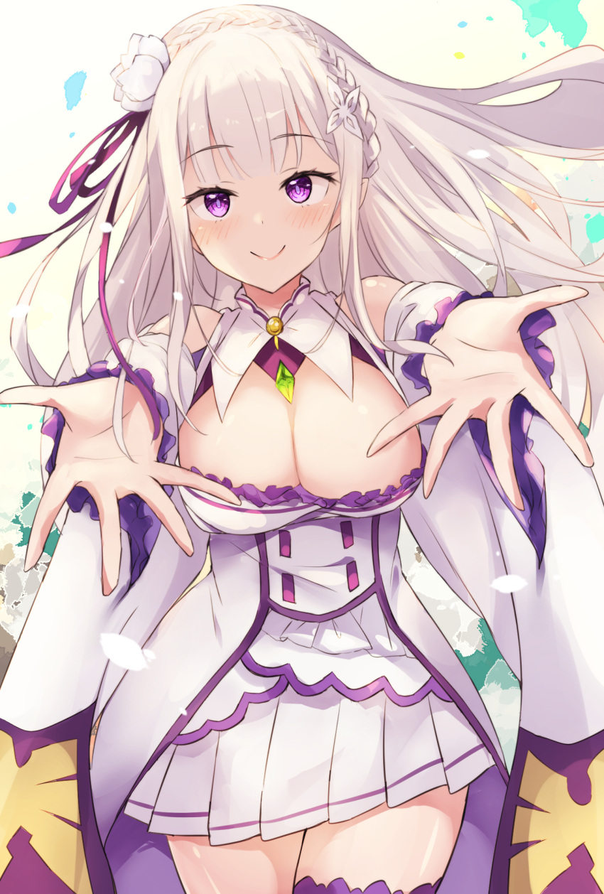 bare_shoulders blush braid breasts cleavage crown_braid dress elf emilia_(re:zero) female flower gem green_gemstone hair_flower hair_ornament hair_ribbon highres large_breasts long_hair looking_at_viewer pointy_ears purple_eyes purple_ribbon re:zero_kara_hajimeru_isekai_seikatsu reaching reaching_towards_viewer ribbon ririka_(ab-yuri) rose smile solo thighhighs white_flower white_hair white_rose x_hair_ornament