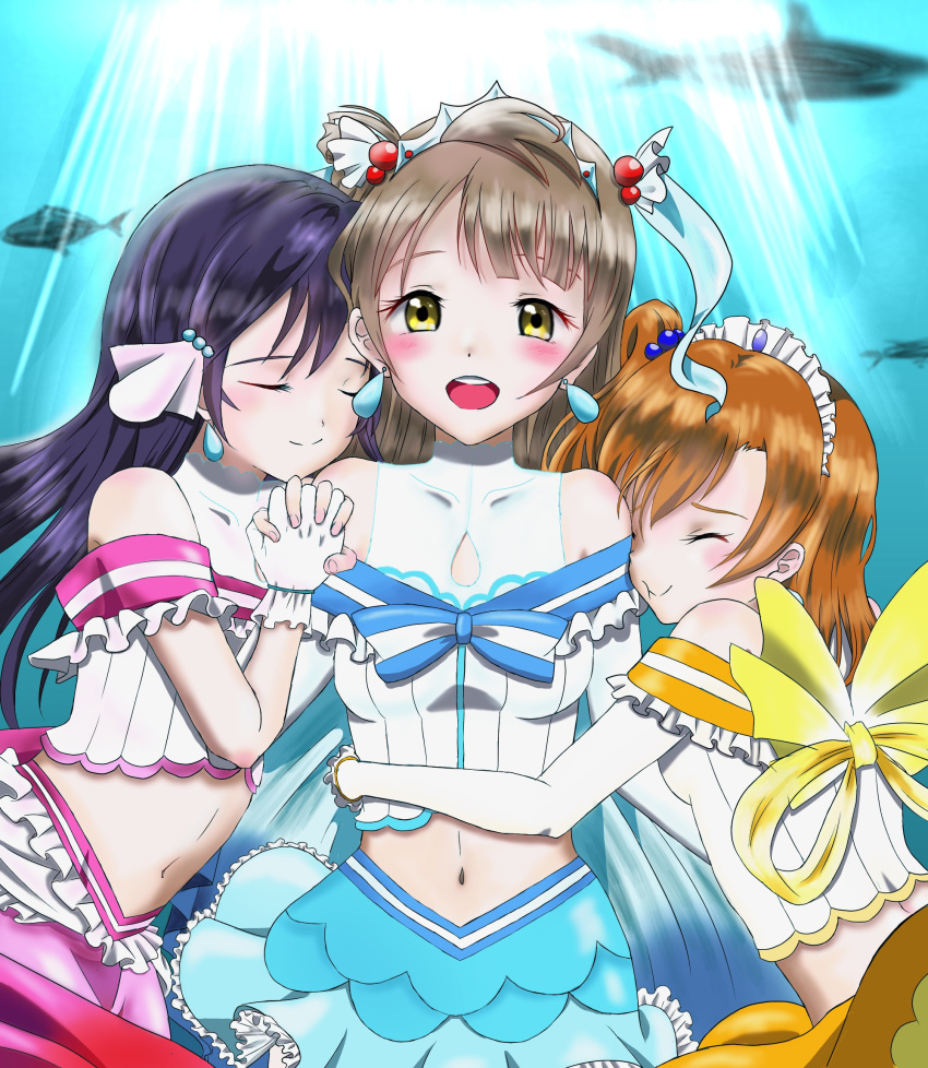 3girls blue_hair closed_eyes commentary_request cosplay fish grey_hair hair_between_eyes hair_ornament highres hug koi_ni_naritai_aquarium kosaka_honoka long_hair love_live! love_live!_school_idol_project love_live!_sunshine!! minami_kotori multiple_girls one_side_up orange_hair piyo sakurauchi_riko sakurauchi_riko_(cosplay) sonoda_umi takami_chika takami_chika_(cosplay) tiara underwater watanabe_you watanabe_you_(cosplay)